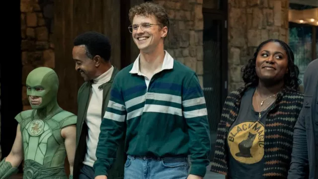 Teal Striped Shirt of Adrian Chase / Vigilante (Freddie Stroma) in Peacemaker (S02E08)